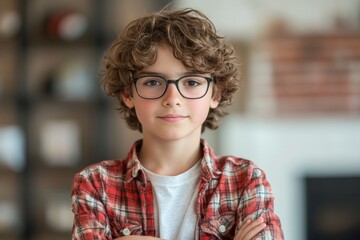 Obraz premium Young boy with curly hair and glasses poses confidently indoors against a cozy background
