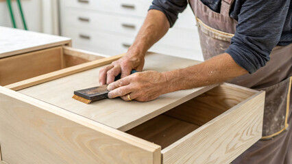 Craftsman Sanding Wood Surface in Workshop with Focus on Drawer Detail
