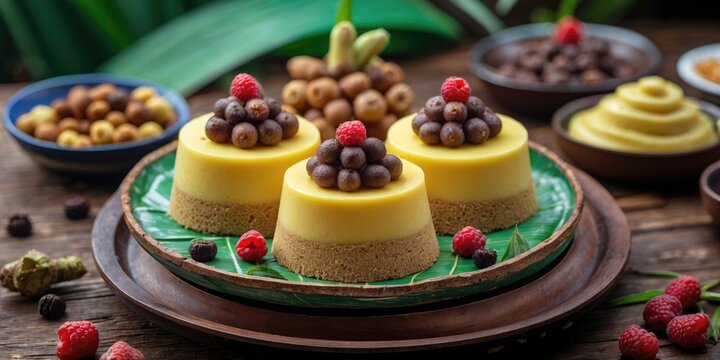 Dessert display featuring three layered mousse cakes topped with chocolate balls and fresh raspberries on wooden table with assorted nuts and sauces.