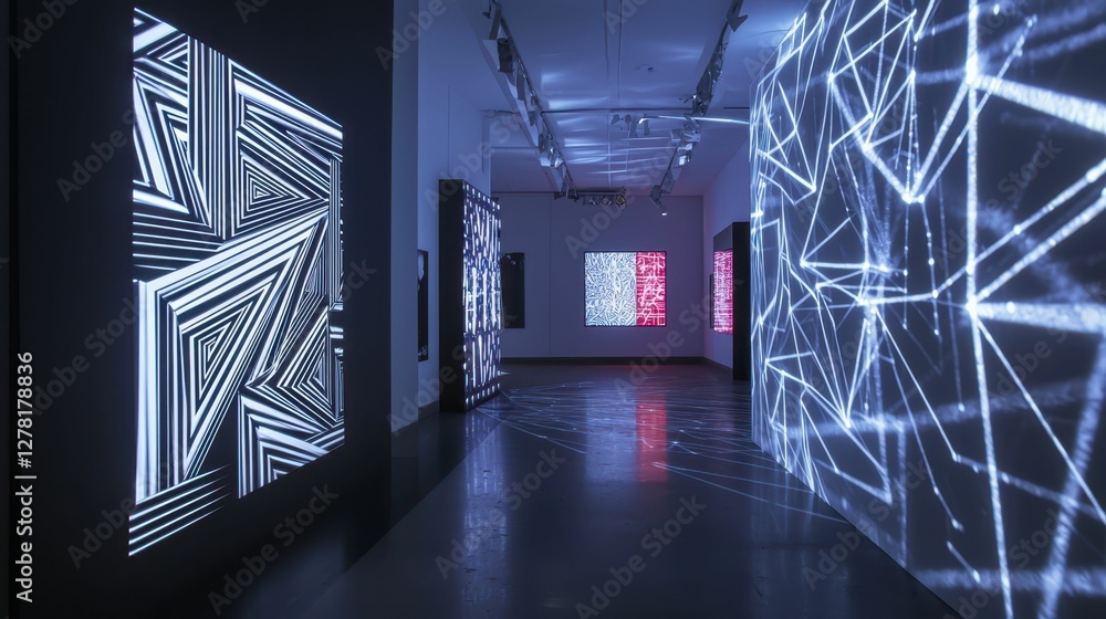 Poster modern art installation with geometric patterns and light projections