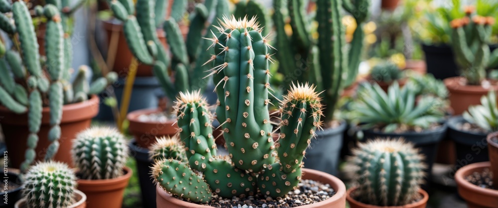 Aufkleber various types of cacti in pots displayed in a greenhouse setting with a focus on a prominent green c