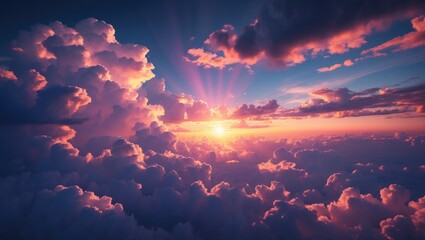 Colorful sunset sky with dramatic clouds and sun rays illuminating the horizon in a scenic natural landscape.