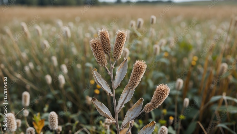 Aufkleber close-up of flowering grass with fuzzy seed heads in a blurred meadow background during daytime in a