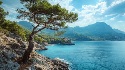 Scenic view of a lone tree on a cliff overlooking a calm blue sea with mountains in the background under a bright blue sky with clouds.