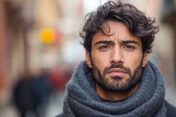 Man with curly hair wearing a scarf in a bustling street surrounded by blurred figures on a cool day