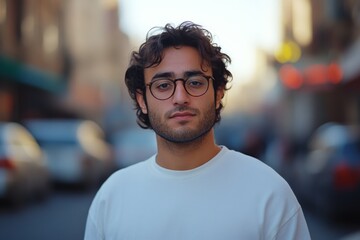 Obraz premium Young man with curly hair and glasses poses confidently on a busy city street during golden hour