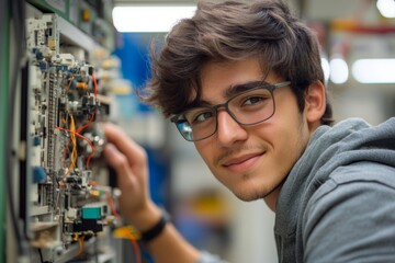 Young technician working on electronic equipment in a workshop with focus on components and troubleshooting
