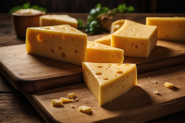 Triangular pieces of yellow cheese lying on a wooden table inside a kitchen. The kitchen background is slightly blurred with warm lighting and the textured surface of the cheese.