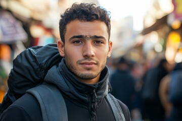 Fototapeta premium Young traveler exploring a bustling market during daylight with a backpack and an engaging expression