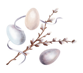 Easter composition with Chicken paint eggs and willow branches and ribbon. Symbols of Easter celebration for card. Watercolor hand drawn pastel color illustration isolated on a white background.