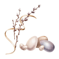 Easter composition with Chicken paint eggs and willow branches and ribbon. Symbols of Easter celebration for card. Watercolor hand drawn pastel color illustration isolated on a white background. © Ekatmart