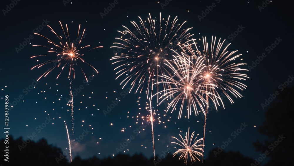 Poster colorful fireworks exploding in night sky over trees with sparkling trails and dark background celeb
