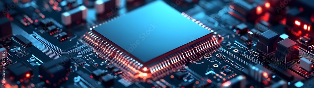 Poster Closeup view of electronic circuit board with microchips and components representing technological innovation digital engineering and the advancement of modern computing and information systems