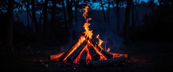 Campfire at night with flames rising from stacked logs surrounded by dark trees in the background