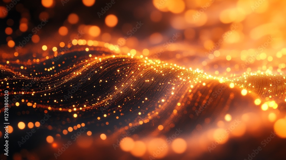 Poster glowing orange streams of light and particles with bokeh effect
