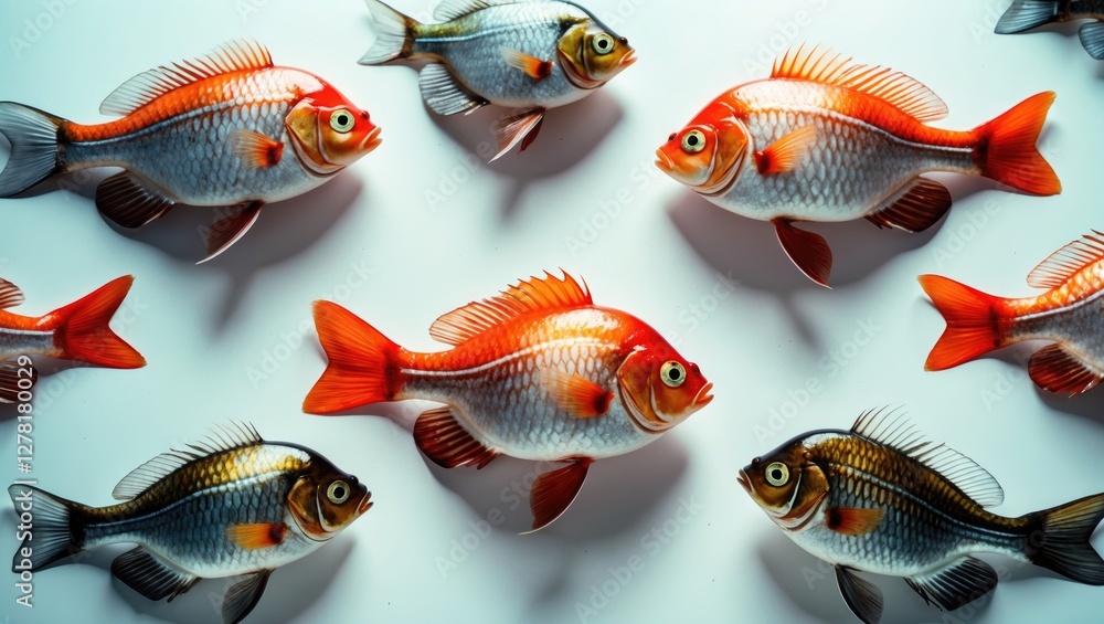 Poster colorful decorative fish on a white background arranged in an artistic pattern emphasizing detail an
