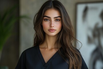 Fototapeta premium Young woman with long hair poses confidently indoors in stylish attire surrounded by modern decor