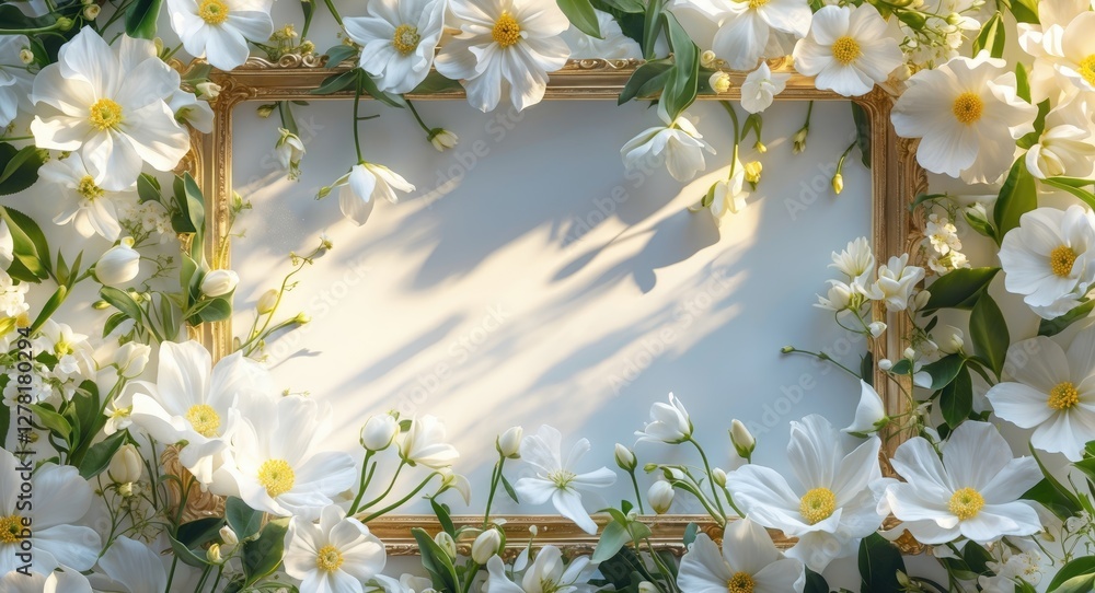 Poster floral frame composition with white flowers and empty picture frame surrounded by greenery in soft n