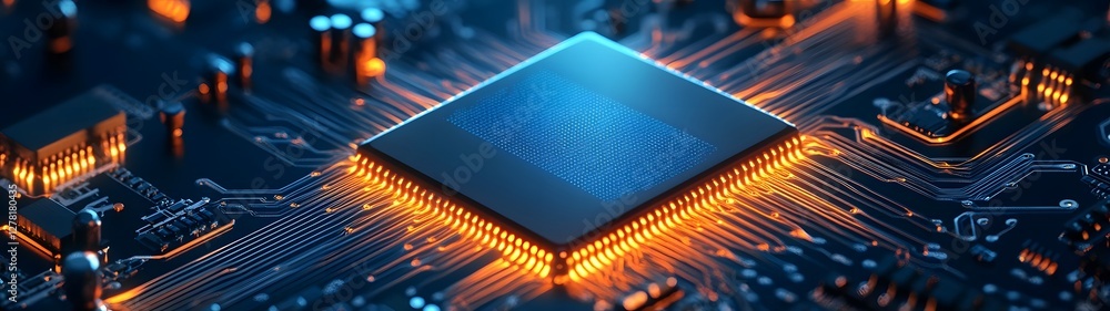 Poster Closeup view of futuristic digital computer circuit board with glowing orange and blue processor chip highlighting modern technology innovation and advanced engineering