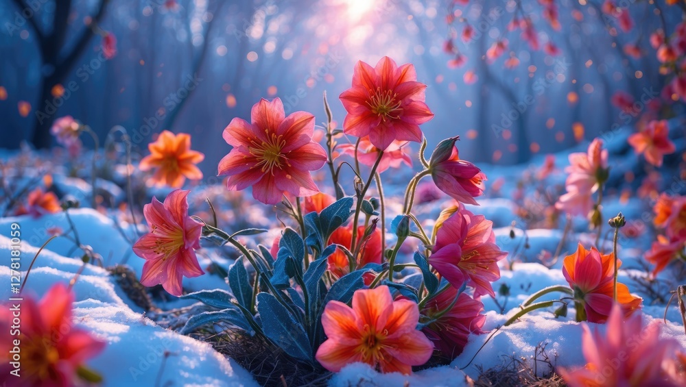Aufkleber winter flowers blooming in a snowy forest with soft sunlight filtering through trees creating a tran