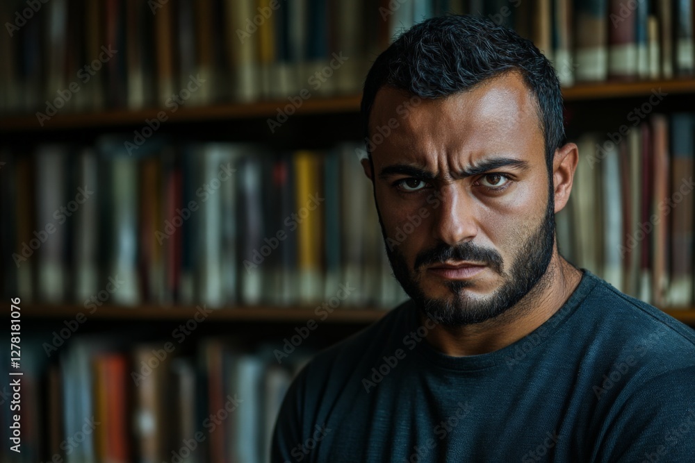 Poster intense expression of a man in a library during daylight hours