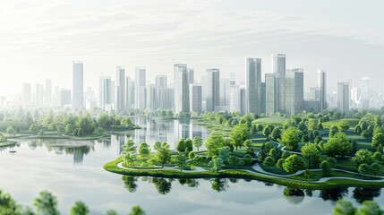 Fototapeta premium Serene Urban Landscape with Verdant Greenery and Reflective Water in a Modern City Environment
