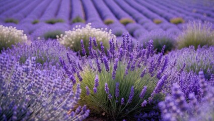 Obraz premium Vibrant lavender field with rows of blooming lavender plants featuring various shades of purple and green foliage under soft lighting