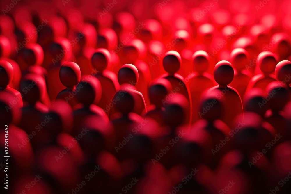 Poster a sea of red figurines representing individuals, creating a striking visual of unity and anonymity.