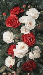 Red and white roses are arranged among dark green foliage