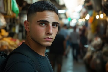 Fototapeta premium Young man looks thoughtfully at the camera in a bustling market filled with people and goods