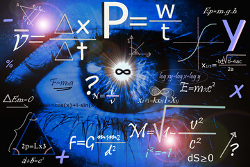 Ojo azul con fórmulas físicas y matemáticas de investigación junto a teorías, teoremas, interrogantes y análisis a modo de pizarra mágica con reflejos y brillos de lente