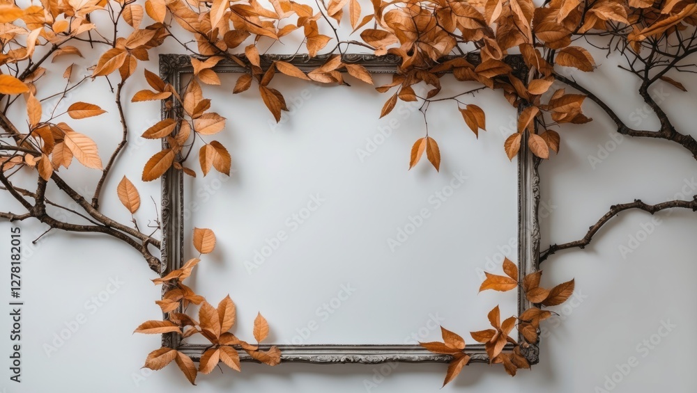 Poster dry autumn leaves and branches framing an empty picture frame on a plain background