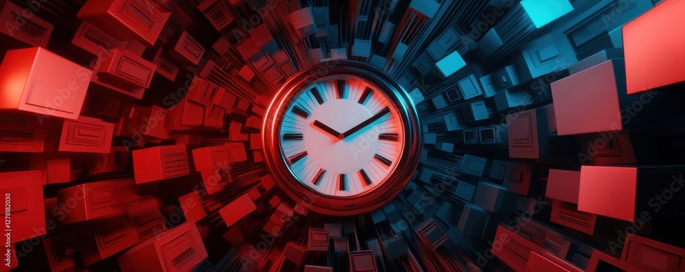 Poster a visually striking clock surrounded by a swirling pattern of colorful blocks, symbolizing the passa