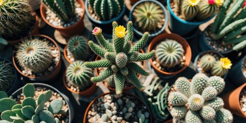 Obraz premium Various types of cacti with colorful flowers in pots arranged on a table from an aerial perspective