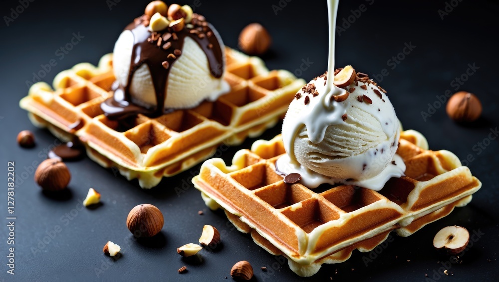 Poster waffles topped with scoops of ice cream and chocolate sauce on a dark background with hazelnuts scat