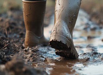 Obraz premium Close-Up of Rubber Boots Stepping Through Mud: A Textured Journey in Nature's Element