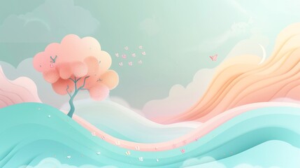 Pastel landscape with a single tree, gentle hills, and flying butterflies; children's book cover or wallpaper