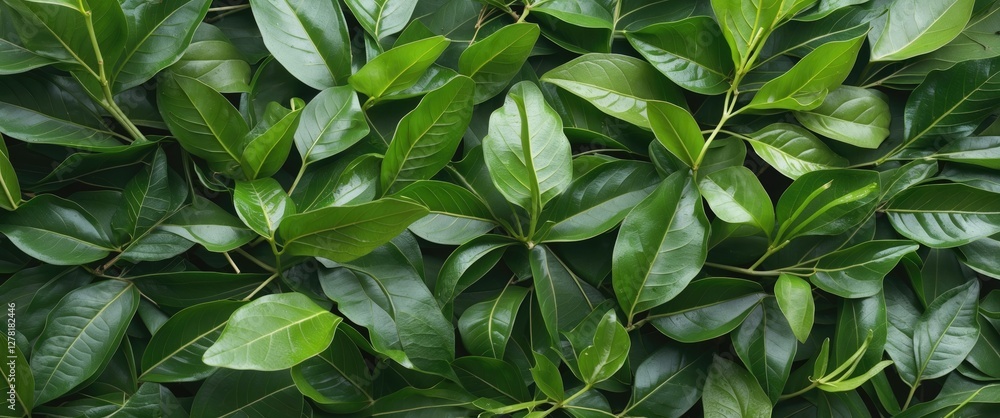 Poster green foliage background with overlapping leaves displaying various shapes and sizes in natural sunl