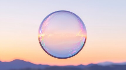 Glowing Soap Bubble Against a Peaceful Sunset Sky with Mountain Silhouette
