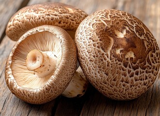 Close-up of fresh brown shiitake mushrooms on a rustic wooden table, showcasing their rich texture and earthy tones.
