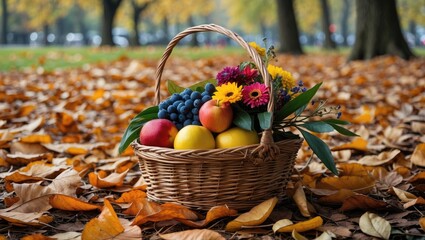 blooming basket of assorted fruits and colorful flowers surrounded by autumn leaves in a park setting