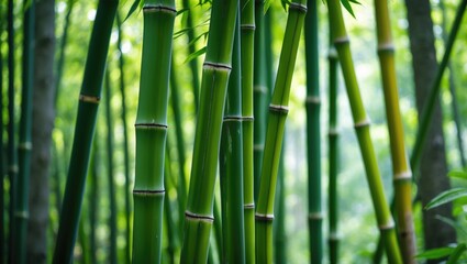 Bamboo stalks in a dense green forest with soft natural light and blurred background creating a tranquil atmosphere