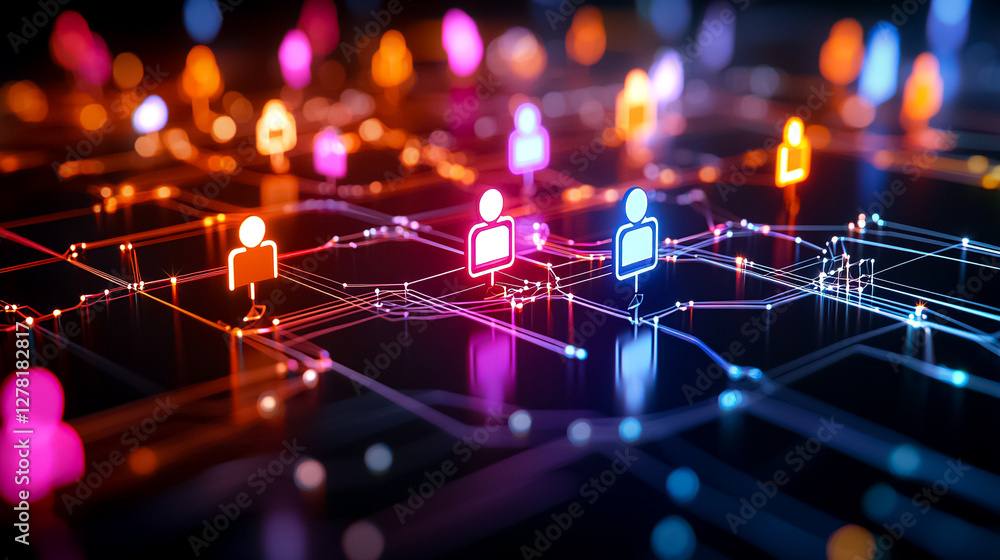 Poster abstract digital network glowing nodes and connections on dark background