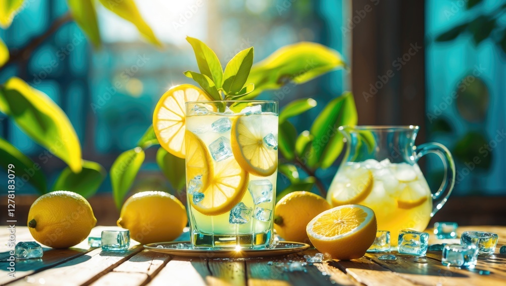 Poster refreshing lemonade in a glass with lemon slices and ice cubes, accompanied by a pitcher and fresh l