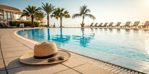 Obraz premium A Serene Poolside Still Life Featuring a Straw Hat on the Floor Next to Refreshing Beverages