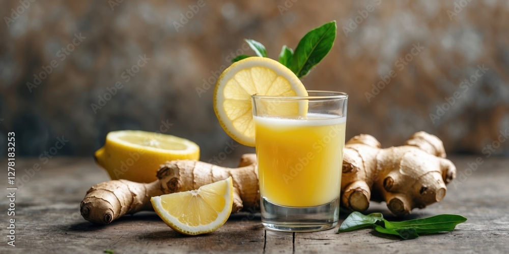 Poster glass of ginger juice with fresh ginger roots and lemon slices on rustic wooden table with blurred b