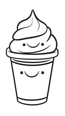 A new, simple line art of a cute cartoon whipped cream in a plastic cup

