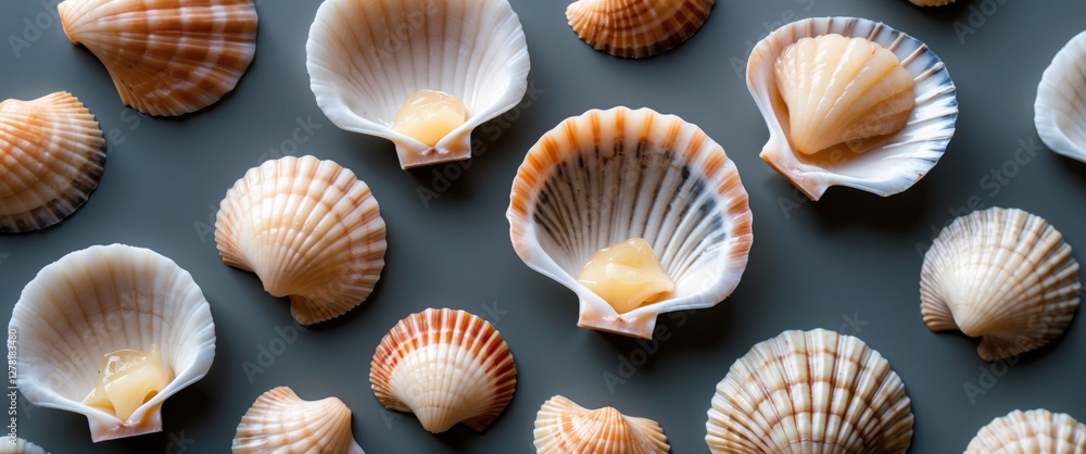Poster assorted scallop shells arranged on a gray background in a flat lay composition showcasing their nat