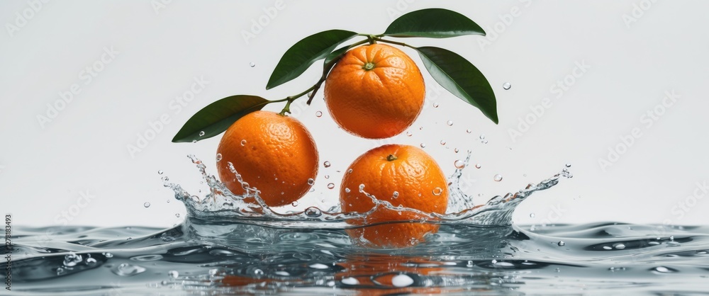 Aufkleber fresh oranges with leaves splashing in water creating ripples and droplets against a light backgroun