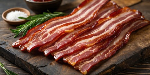 Raw strips of bacon on a wooden cutting board with herbs and bowls of salt and red pepper flakes in the background